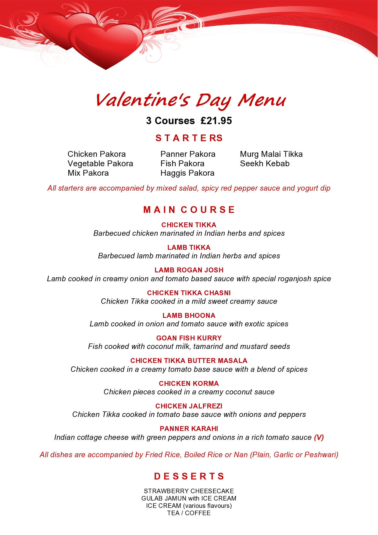Valentines day  menu